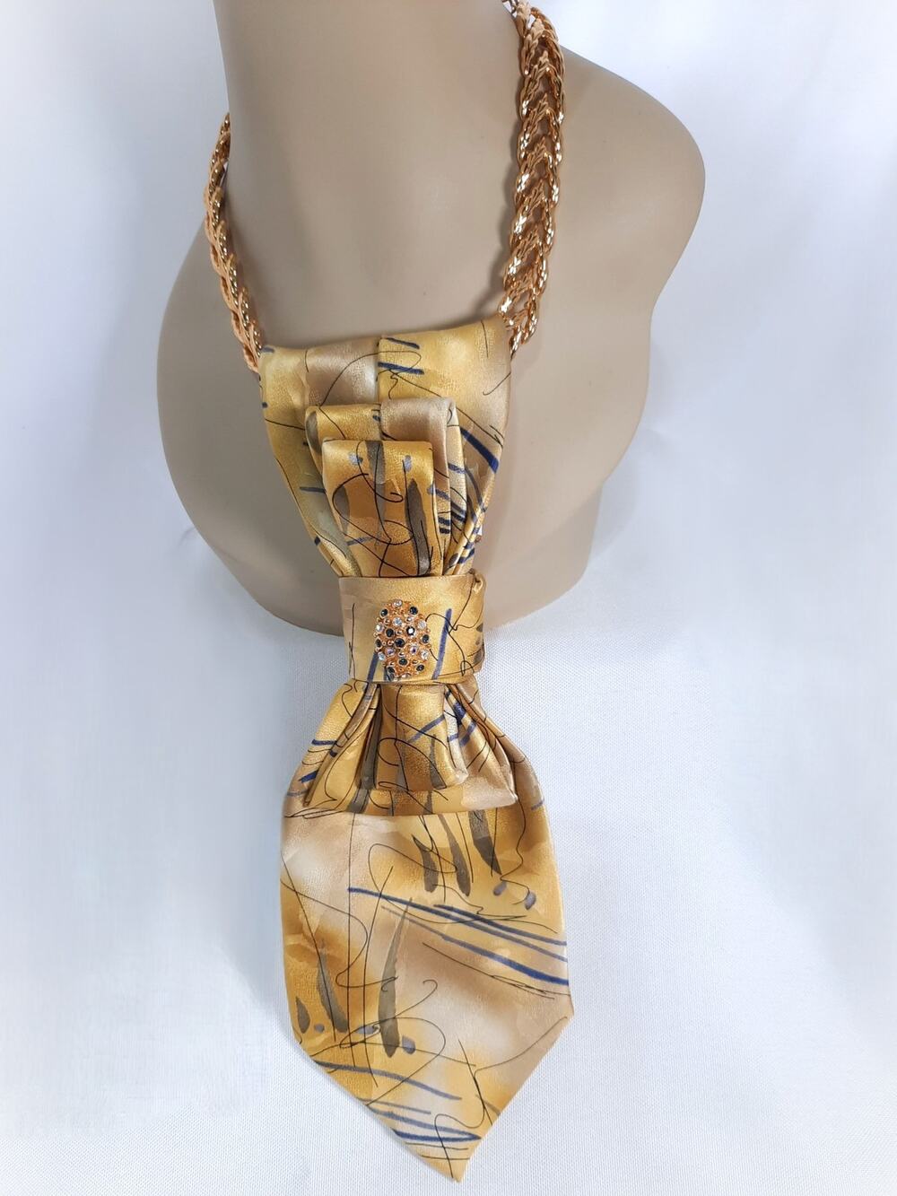 Artisan Gold Silk Tie Pendant Statement Necklace J Garcia Vintage Jeweled Accent